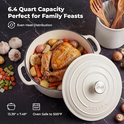 Zulay Kitchen 6 Quart Enameled Cast Iron Dutch Oven Pot with Lid – Premium Durability & Oven Safe up to 500°F – Heavy Duty Cookware Perfect for Bread Baking, Stews, Braising & Roasting - White - Image 6