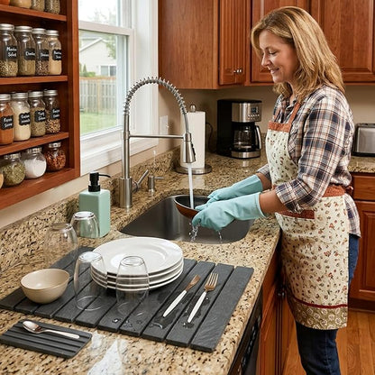 Large Stone Dish Drying Mat for Kitchen Counter, 2 PCS Quick Dry Diatomaceous Earth Dish Mat Set – Foldable Water Absorbing Kitchen Gadgets & Gifts, Home Essentials(Gray Ink 24"×16" & 8"x4") - Image 7