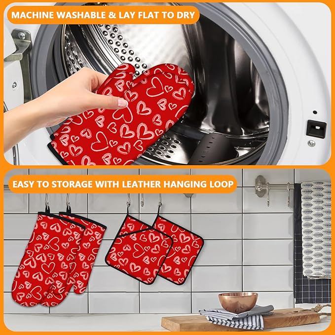 White Love Hearts Oven Mitts and Pot Holders Sets 4Pcs,Extra Long Oven Gloves Potholder for Kitchen Cooking Baking BBQ 100% Cotton Heat Resistant - Image 5
