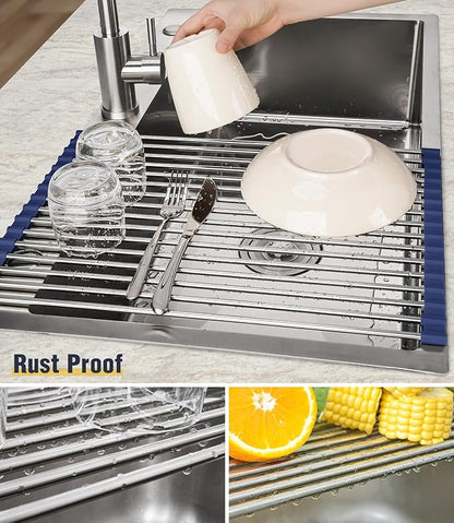 Tomorotec 17.7" x 12.5" Roll Up Dish Drying Rack Over Sink Drying Rack Sink Cover Kitchen Sink Accessories Gadget Multipurpose Organizer Foldable Stainless Steel Drainer - Image 2