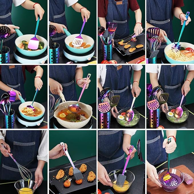 Rainbow Kitchen Utensils Set,13 Pieces Stainless Steel Cooking Utensils Set With Titanium Rainbow Plating,Kitchen Tools Set With Utensil Holder For Non-Stick Cookware Dishwasher Safe (13 Packs) - Image 7