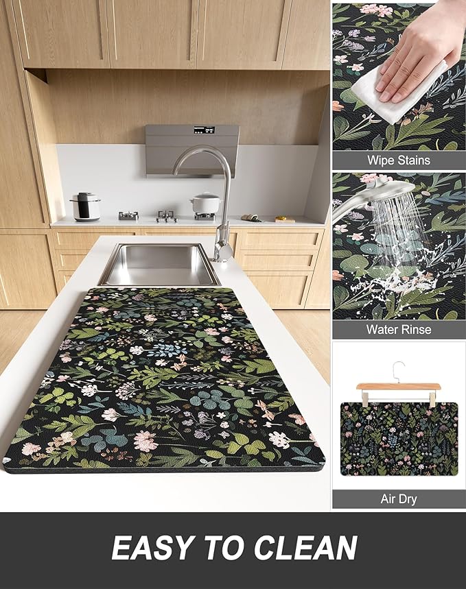 Rnivvi Dish Drying Mat for Kitchen Counter, 12 x 19" Cute Flower Theme Super Absorbent Draining Pad, Non-Slip Heat Resistant Coffee Bar Mat for Coffee Machine Station Accessories, Black Dish Rack Pad - Image 6