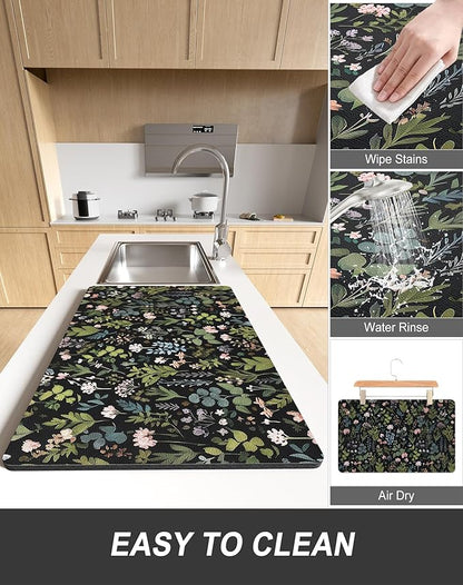 Rnivvi Dish Drying Mat for Kitchen Counter, 12 x 19" Cute Flower Theme Super Absorbent Draining Pad, Non-Slip Heat Resistant Coffee Bar Mat for Coffee Machine Station Accessories, Black Dish Rack Pad - Image 6