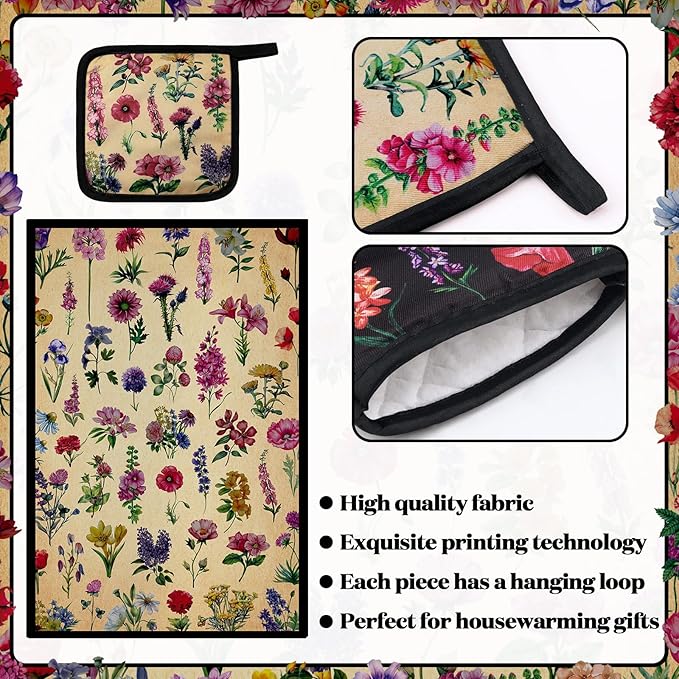 Bencailor 6 Pcs Vintage Wildflower Kitchen Towels Oven Mitts and Pot Holders Set Decorative Dish Towels Tea Washcloth Non Slip Heat Resistant Oven Gloves for Summer Home Cooking Baking, Cute Color - Image 5