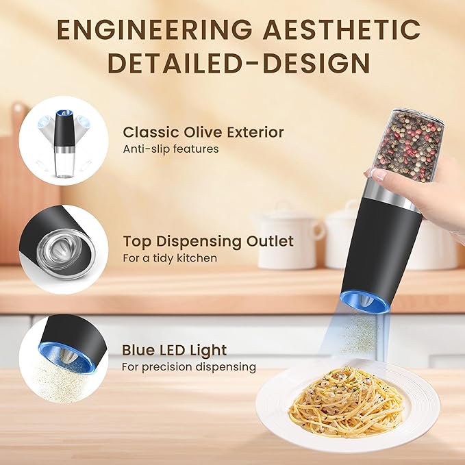 Gravity Electric Salt And Pepper Grinder Set, Automatic Salt And Pepper Grinder Set, Battery Powered (6 AAA Batteries Each), Adjustable Roughness, LED Light, 2 Pack, (Black) - Image 4