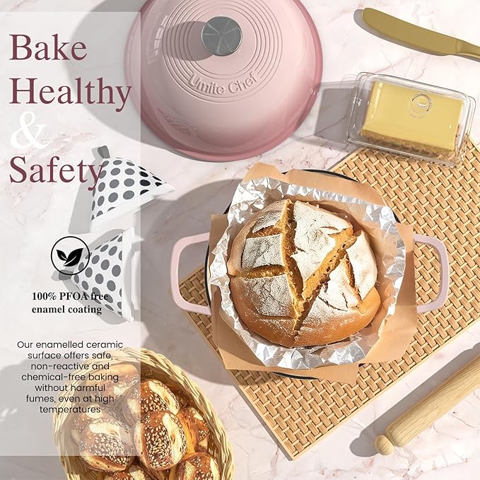 Cast Iron Dutch Oven Pot with Lid, Round Bread Oven for Sourdough Bread Baking, Umite Chef Enameled Cast Iron Bread Oven with Dome Lid & Cotton Potholders for Sourdough, Pink, 6 Quarts - Image 2