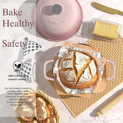 Cast Iron Dutch Oven Pot with Lid, Round Bread Oven for Sourdough Bread Baking, Umite Chef Enameled Cast Iron Bread Oven with Dome Lid & Cotton Potholders for Sourdough, Pink, 6 Quarts - Image 2