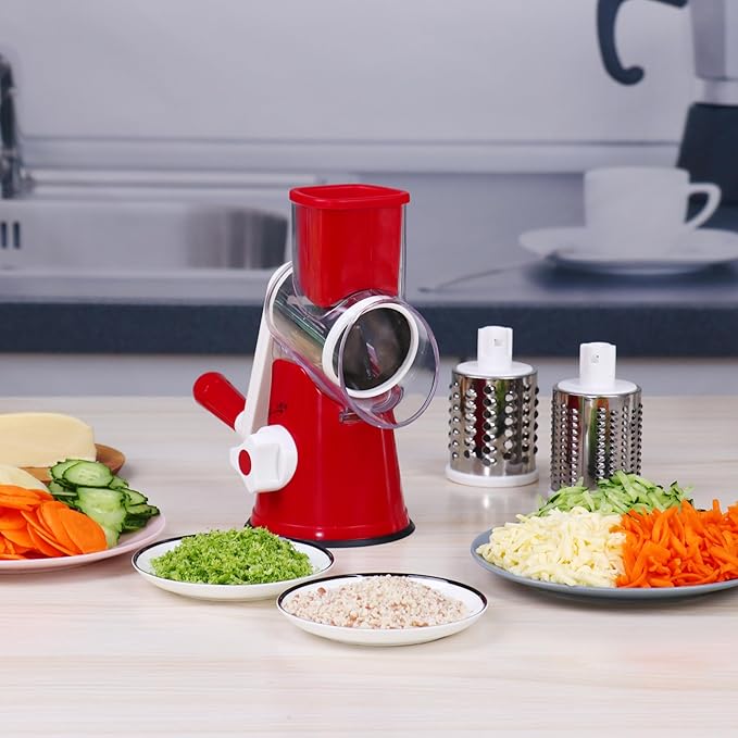 Ourokhome Rotary Cheese Grater Hand Crank, Kitchen Shredder Speed Mandolin Slicer Nut Grinder with Handle and Drum Blades for Cheese, Vegetable, Walnut, Chocolate, Potato, Carrot, 3 Blades, Red - Image 9