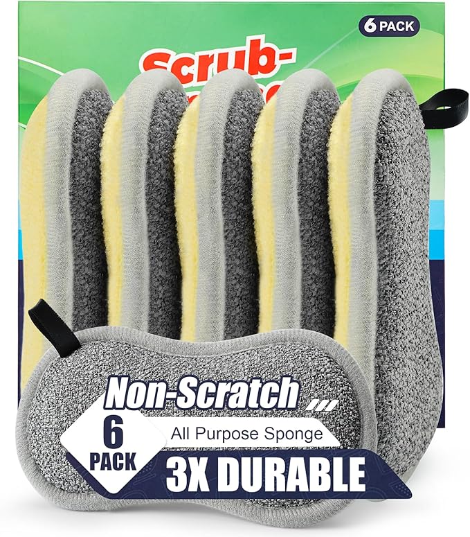 Dual Sided Multi-Purpose Sponges Kitchen,Non Scratch Dish Sponge for Washing Dishes Cleaning Kitchen，Rough Scrubbers for Non-Stick Cookware, Soft Microfiber Scrub for Dishes(Yellow,6Pack) by PANYEE