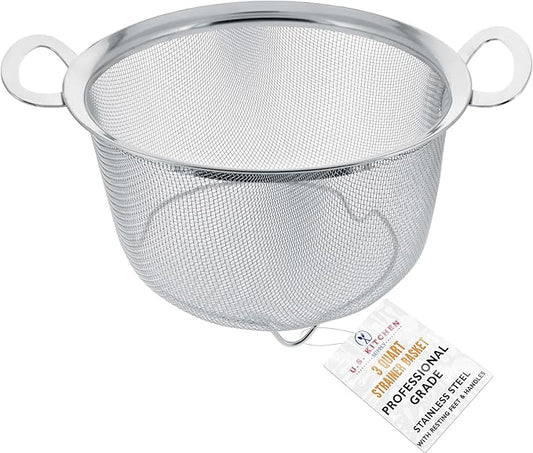 U.S. Kitchen Supply Stainless Steel Colander Strainer Basket - 3-Quart Colander with Resting Feet & Handles - Wide Rim Sieve, Stainless Steel Strainers and Colanders for Kitchen by USKitchenSupply