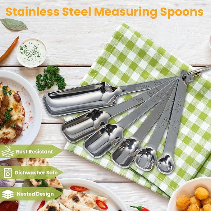 Stainless Steel Measuring Spoons Set of 6, Rectangular Metal Measuring Spoons for Dry & Liquid Ingredients, Slim Design Fits in Spice Jars, Kitchen Gadgets for Baking & Cooking - Image 2