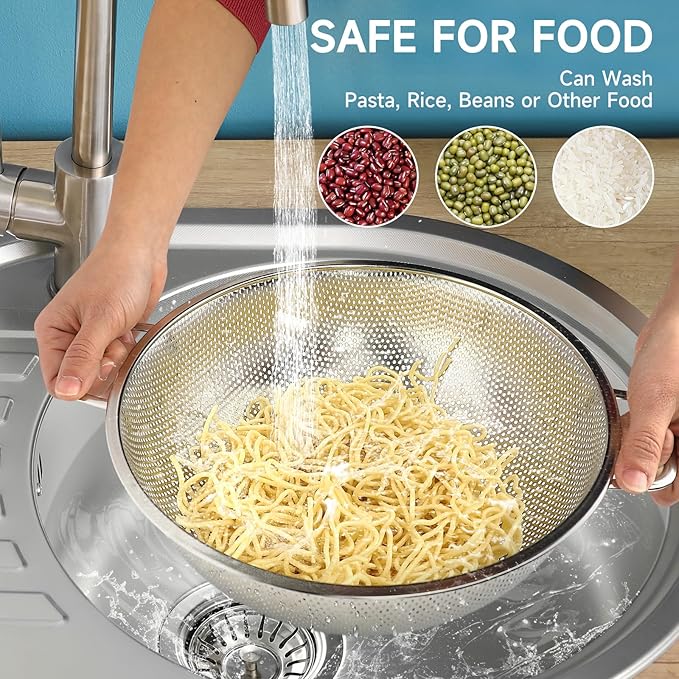 2PCS Colander for Kitchen, 3QT and 5QT, Stainless Steel Colander Strainer with Handle for Fruits Vegetables Cooking Food, Dishwasher Safe - Image 3