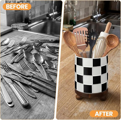 Kitchen Utensil Countertop Holder Checkered Utensil Crock with a Wooden Base 7.5 Inch Organizer Country Style Decorative for Storing Spoons Spatulas and Pot Spatulas