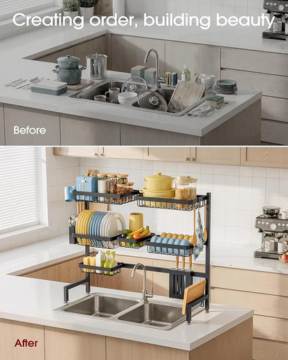 Sakugi Dish Drying Rack - Over The Sink Dish Drainer Drying Rack with Utensil & Knife Holder, Hooks, Stainless Steel Kitchen Organizers and Storage Solution, 11.8" D x 31.5"~39.0''W x 30" H, Black - Image 5