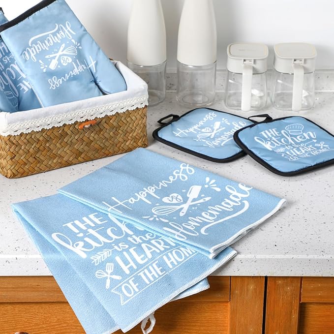 Sratte 6 Pcs Kitchen Decor Accessories Set Farmhouse Towels Pot Holders Oven Mitts Set 2 Dish Towels 2 Potholders 2 Cooking Mittens Oven Glove for Christmas Baking Cooking Supply(Light Blue,Kitchen) - Image 7