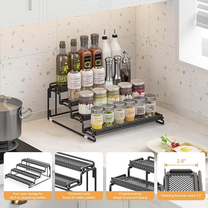 4 Tier Spice Rack Organizer for Cabinet - Black (2 Pack) | Spice Holder Shelf with Protection Railing for Inside Cabinets, Countertop, Pantry Storage & Seasoning Organization - Image 4