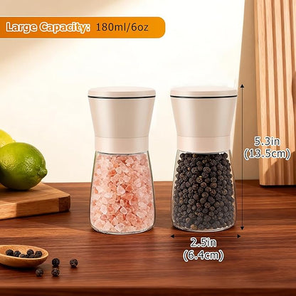 R DRURLCD 2PK Beige Salt and Pepper Grinder Set, Short Glass Shakers with Stainless Steel & Glass Mills, Adjustable Coarseness for Kitchen, Dining & BBQ W/Funnel