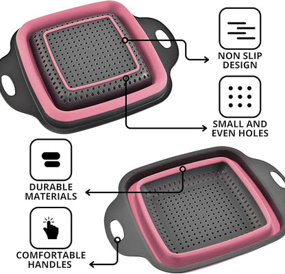 Pink Silicone Food Colander Kitchen – Small Collapsible Strainer with Handle Collapsable Strainer Kitchen Foldable Colander for Pasta Spaghetti Fruit Vegetable