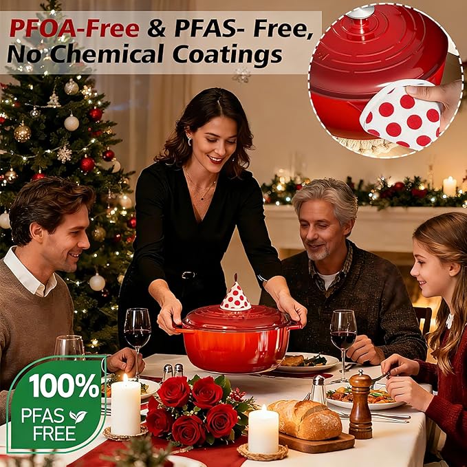 Umite Chef 6QT Enameled Cast Iron Dutch Oven with Lid, Versatile Heavy-Duty Cookware Pot for Baking Bread, Braising, Soups & Stews, Oven & Stovetop Safe with Heat Resistant Gloves（Red） - Image 5