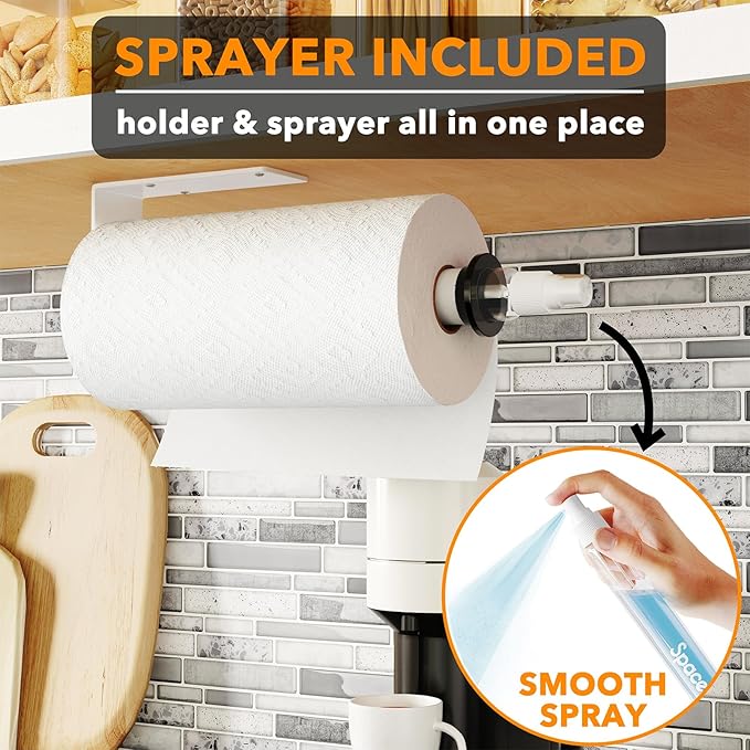 SpaceAid SprayNeat Paper Towel Holder with Spray Bottle, Under Cabinet Paper Towels Holders with Sprayer Inside Center, Hanging Wall Mount Papertowels Roller for Kitchen and Bathroom (White)