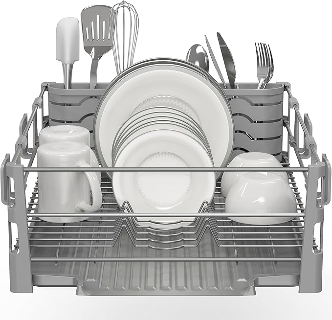 Simple Houseware Dish Drying Rack with Drainboard, Utensil Holder & Mug Hooks, Silver Metal Kitchen Counter Organizer - Image 4
