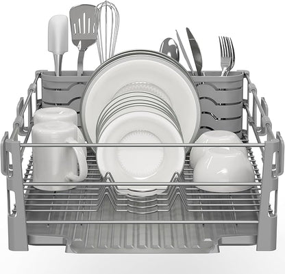 Simple Houseware Dish Drying Rack with Drainboard, Utensil Holder & Mug Hooks, Silver Metal Kitchen Counter Organizer - Image 4