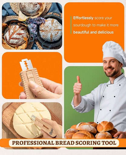 Sourdough Bread Lame, Magnetic Dough Scoring Tool with 5 Replaceable Blades, Ergonomic Handle for Easy Scoring, Ideal for Artisan Breads, Baguettes, and Bread Making Supplies (Wood)