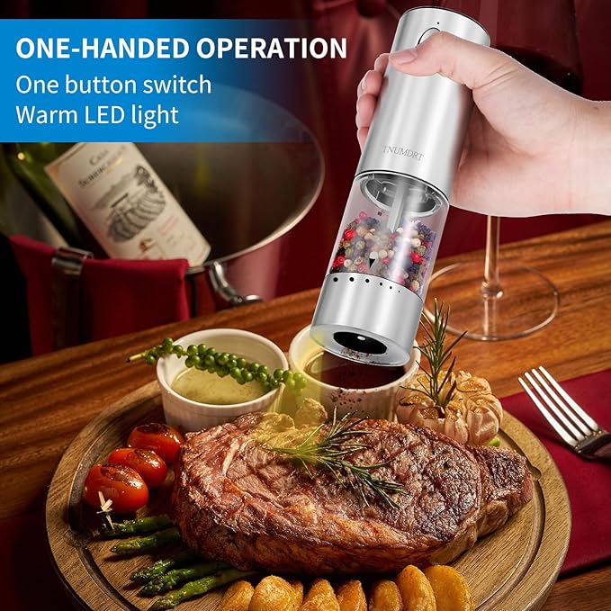 Electric Salt and Pepper Grinder Set Stainless steel,Large Capacity Automatic Pepper Mill Grinder with Upgraded Rechargeable Base and LED Light, Variable Grinding Speed, External Adjustable Coarseness