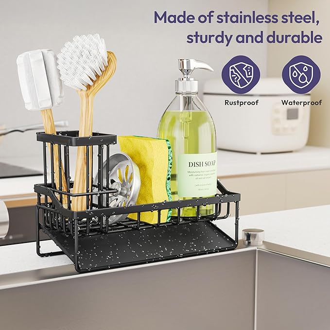 SWTYMIKI Sink Caddy Sponge Holder - Kitchen Sink Organizer with Stainless Steel Self Drain Tray & High Brush Holder for Countertop to Hold Dish Soaps and Sponges, Stainless Steel, Black - Image 5