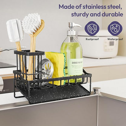 SWTYMIKI Sink Caddy Sponge Holder - Kitchen Sink Organizer with Stainless Steel Self Drain Tray & High Brush Holder for Countertop to Hold Dish Soaps and Sponges, Stainless Steel, Black - Image 5