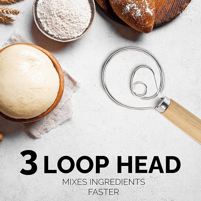 Zulay Kitchen 13-Inch Danish Dough Whisk - Stainless Steel Wooden Whisk with Dough Hook - Sourdough Whisk for Bread, Pizza, Pastry, Cake Batter & More - Wood - Image 4