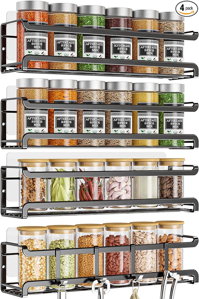 Bunoxea Spice Rack Wall Mounted 4 Pack,Space-Saving Spice Organizer for Spice Jars and Seasonings,Screw or Adhesive Hanging Spice Rack Organizer for Your Kitchen Cabinet,Pantry Door,11.41x2.75x2.75in by Bunoxea