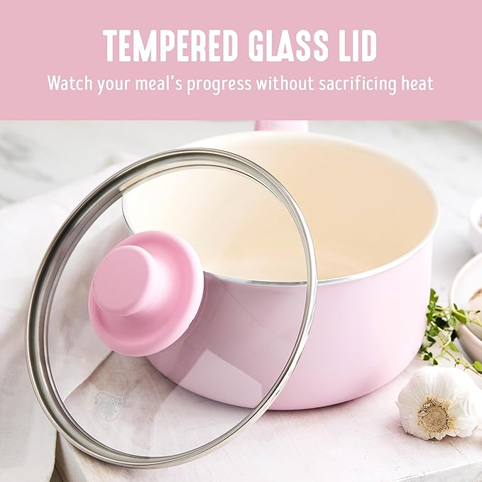 GreenLife 2.5QT Nonstick Saucepan with Glass Lid, Soft Grip, PFAS-Free Ceramic, Multipurpose Chef Pan, Milk & Sauce Cooking Pot, Dishwasher & Oven Safe to 350˚F, Stay-Cool Handle, Pink - Image 6