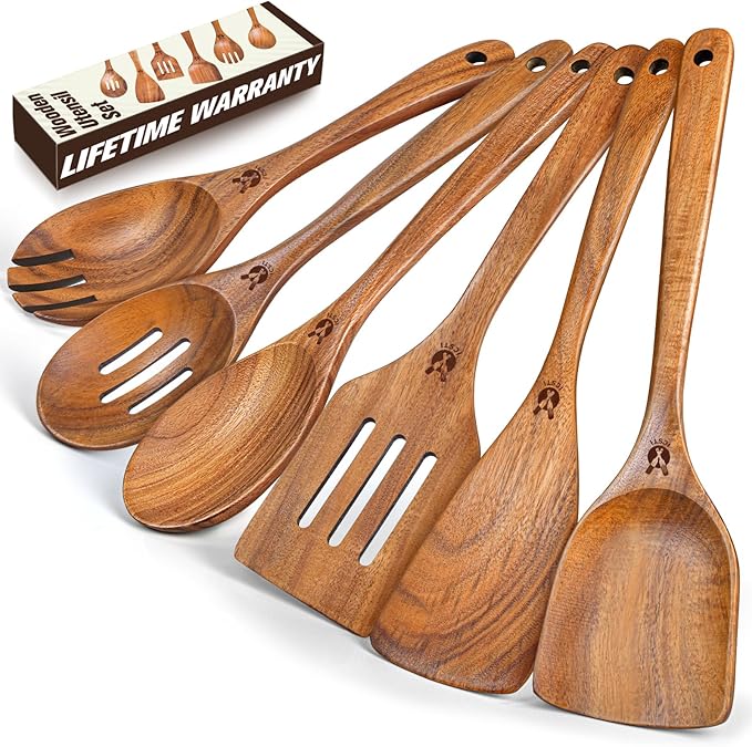 Wooden Spoons for Cooking, 6 Pcs Natural Teak Wooden Kitchen Utensils Set, Cooking Utensils Set with Long & Comfort Grip, Wooden Spoons Spatula Set Perfect for Non-Stick Cookware by Unknown