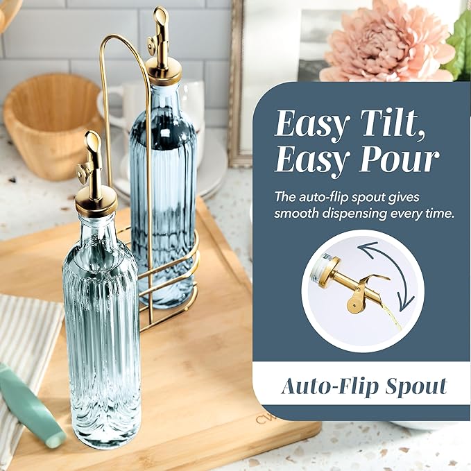 COOK WITH COLOR Glass Olive Oil Bottle Dispenser - 2 Pack- 17oz Oil and Vinegar Cruet - Olive Oil Carafe Decanter for Kitchen, Elegant Fluted, Blue - Image 3