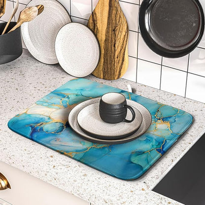 Marble Print Dish Drying Mat for Kitchen Counter,Blue Teal Turquoise Gold Drying Mat 16 x 18 Inch with Absorbent Reversible Microfiber Drying Pad for Coffee Bar - Image 5
