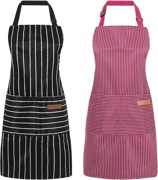 2 Pack Cooking Aprons Adjustable Bib Apron for Women with 2 Pockets, Kitchen Restaurant Men Chefs Aprons
