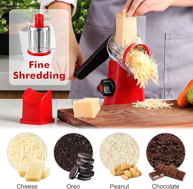Cheese Grater Rotary, Rotary Grater for Kitchen, Kitchen Grater Vegetable Slicer with 3 Drum Blades, Fast Cutting Cheese Shredder for Vegetables and Nuts - Image 2