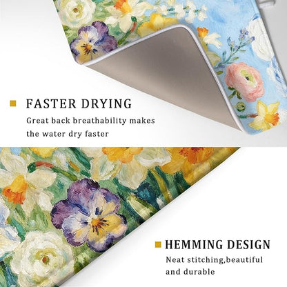 Spring Floral Dish Drying Mat for Kitchen Counter 18x24 Yellow Pink Narcissus Flower Seasonal Themed Summer Absorbent Reversible Microfiber Drying Mats Kitchen Countertop Protector Dishes Drainer Pad - Image 3