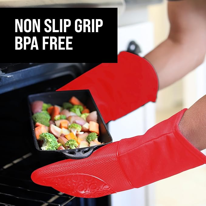 BPA-Free Silicone Oven Mitts Ultra Heat Resistant up to 500°F - Oven Mitts with Thick Cotton Liner - Long Slip Resistant Pot Holders, Flexible Oven Gloves - Canyon Red 13.7 - Image 5