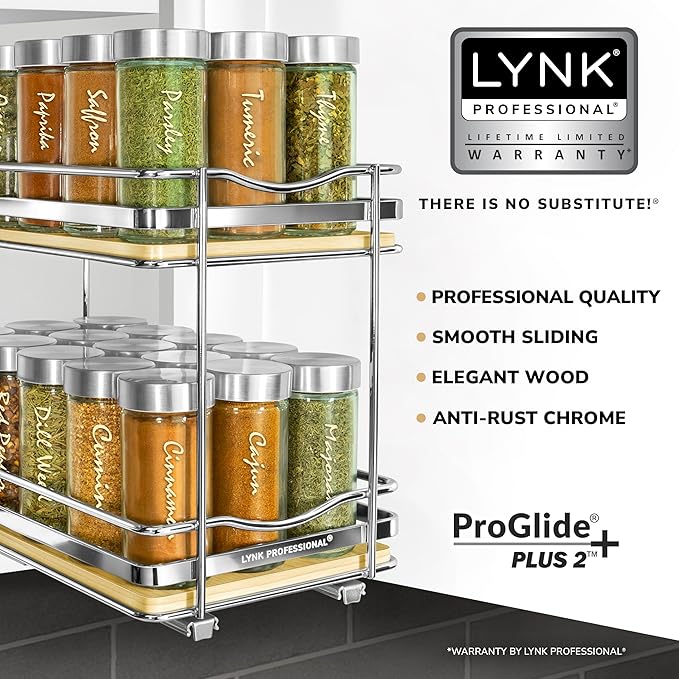 LYNK PROFESSIONAL® Élite™ Pull Out Spice Organization for Cabinets - 6-3/8 inch Wide – Spice Rack for Inside Cabinets – Wood/Chrome - Sliding Spice Rack Organizer for cabinet – Spice Rack - 2 Tier - Image 2