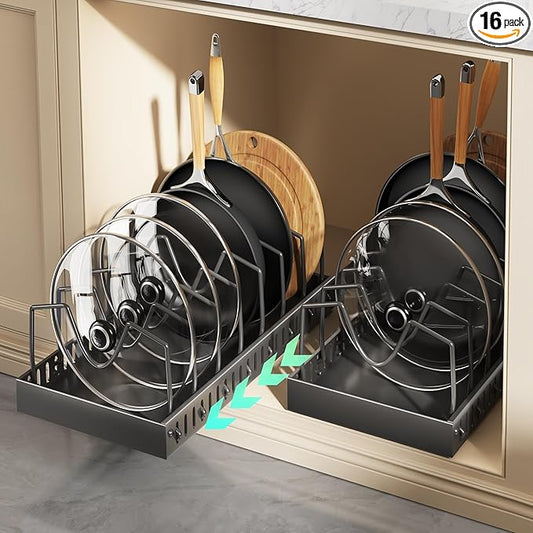 Lozovin Pull Out Pots and Pans Organizer Under Cabinet, Sliding Lid Holder and Pan Rack in Kitchen, Slide Out Inside Cabinet Storage for Pot Lid, Bakeware, Dishes, 8 Adjustable Dividers, 2 Pack Black by Lozovincablemanagementtray