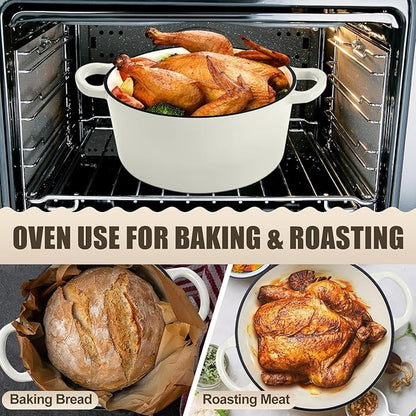 P&P CHEF 7QT Enameled Dutch Oven, Cast Iron Dutch Oven Pot with Lid for Bread Baking, Enameled Casserole Pot for Roasting Braising Stewing Frying Simmering, Various Stoves & Easy Clean, White
