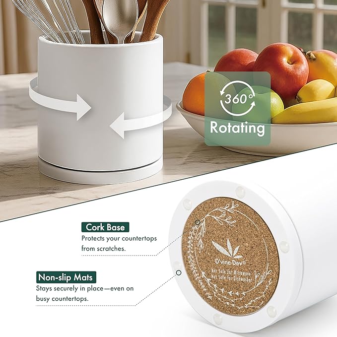 D'vine Dev 360° Rotating Utensil Holder – 5" Kitchen Utensil Crock for Countertop, Modern Cooking Tool Organizer for Kitchen Storage & Décor, White, 72-X-A-1