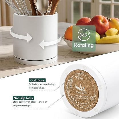 D'vine Dev 360° Rotating Utensil Holder – 7.2" Kitchen Utensil Crock for Countertop, Modern Cooking Tool Organizer for Kitchen Storage & Décor, White, 72-X-A-2