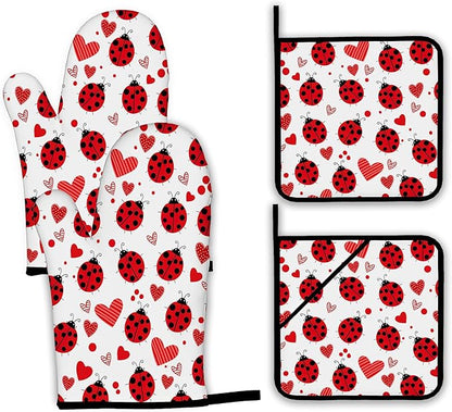 Cute Ladybug Oven Mitts and Pot Holders,Red Heart Heat Resistant Oven Mitts Gloves and Pot Holder for Home Kitchen Decorations Cooking Baking BBQ Gifts,Set of 4