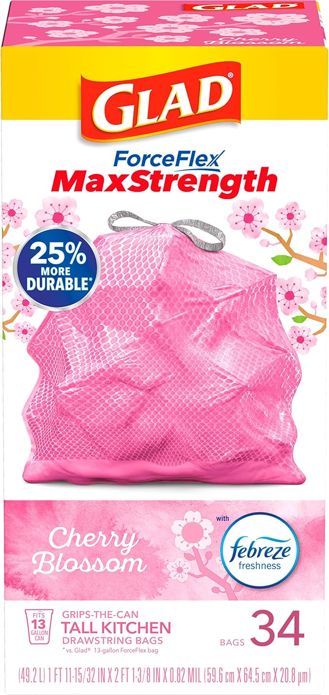 Glad Tall Kitchen Trash Bags 13 Gallon, MaxStrength Cherry Blossom Garbage Bags, Odorshield with Drawstring, 34 Count - Image 10