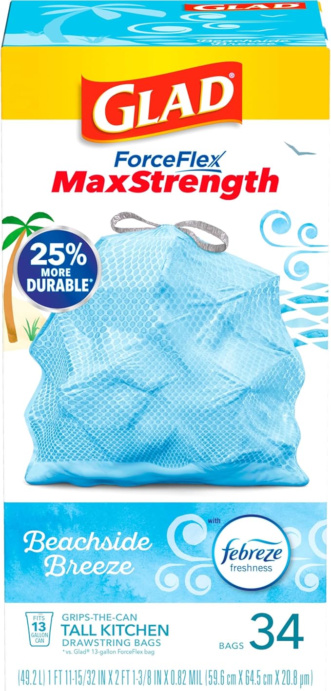 Glad Tall Kitchen Trash Bags 13 Gallon, MaxStrength Beachside Breeze Garbage Bags, Odorshield with Drawstring, 34 Count - Image 10