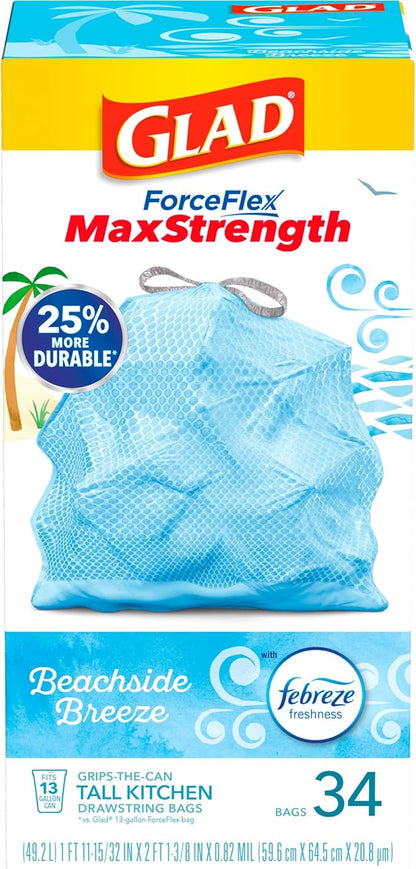 Glad Trash Bags, 13 Gallon, 34 Count (Pack of 2) | ForceFlex MaxStrength | Tall Kitchen Drawstring | Beachside Breeze Scent - Image 9