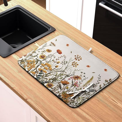 Fall Floral Dish Drying Mat for Kitchen Counter Autumn Burnt Orange Wild Flowers Dish Draining Mat Absorbent Microfiber Dishes Pad Washable Dish Drainer Rack Mat Large 18"x24" - Image 6